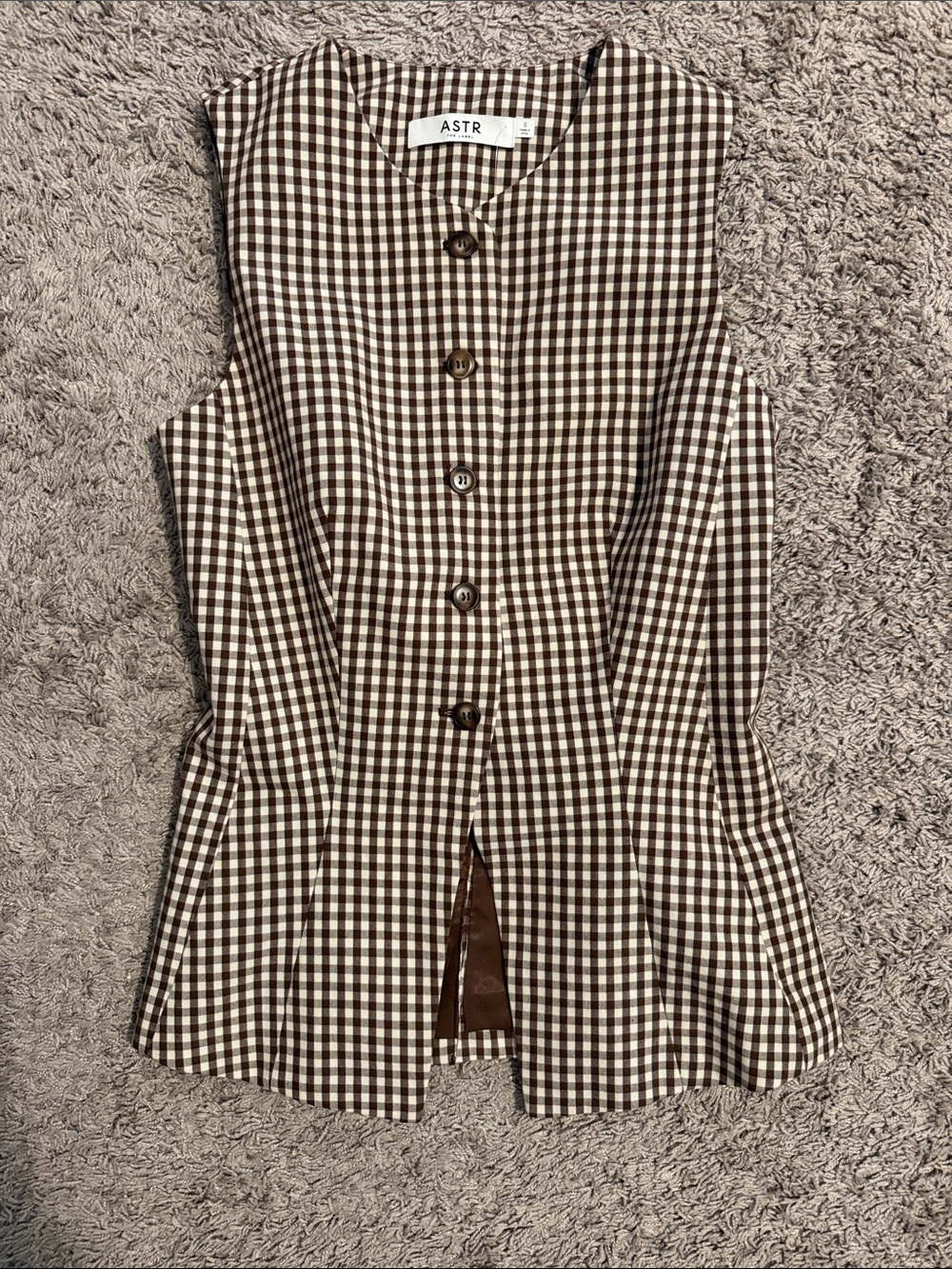Anthropologie brown gingham cut away vest